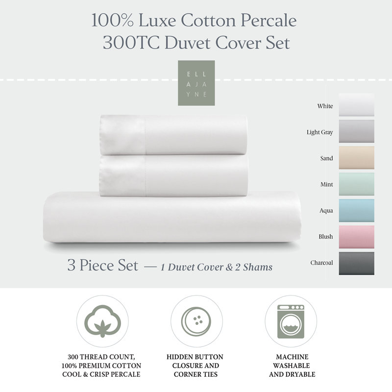 Ensemble de housse de couette 100% coton EJ Classic Premium, respirant, frais et frais, Blanc