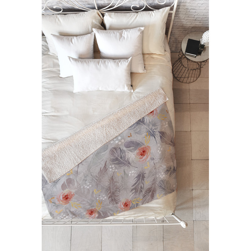 Jeté en fleurs abstraites avec plumes, L 60 po x l 50 po