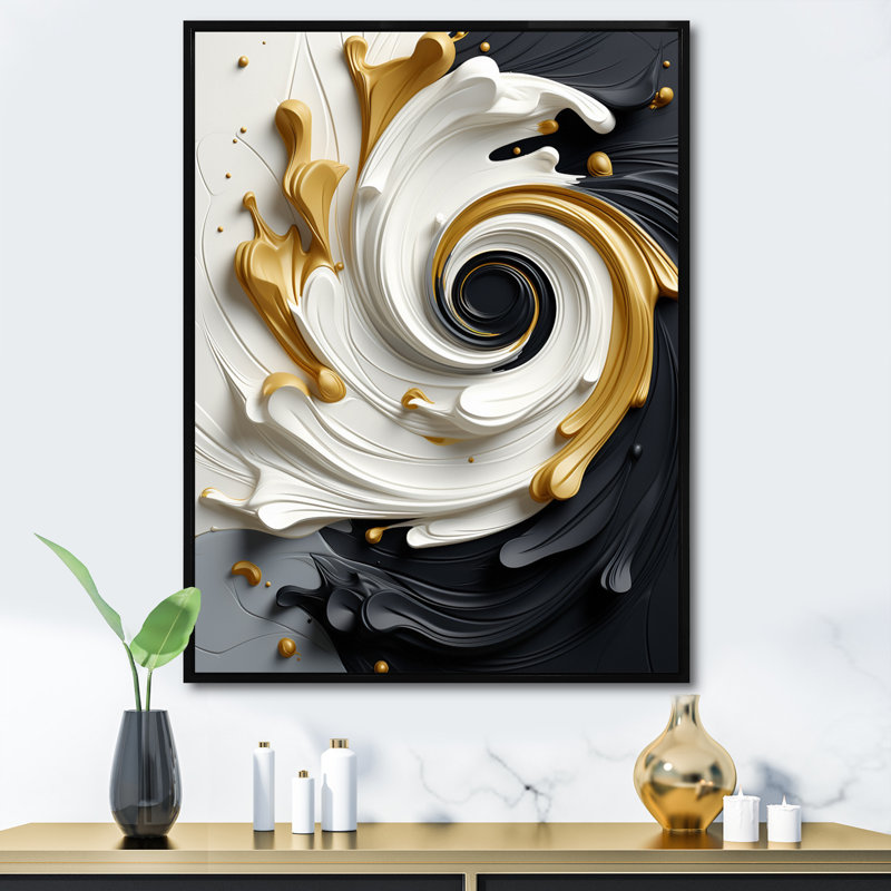 Liquide or noir et blanc texturé spirale magique - spirales abstraites, art mural, 40" H x 30" W, Cadre flottant noir