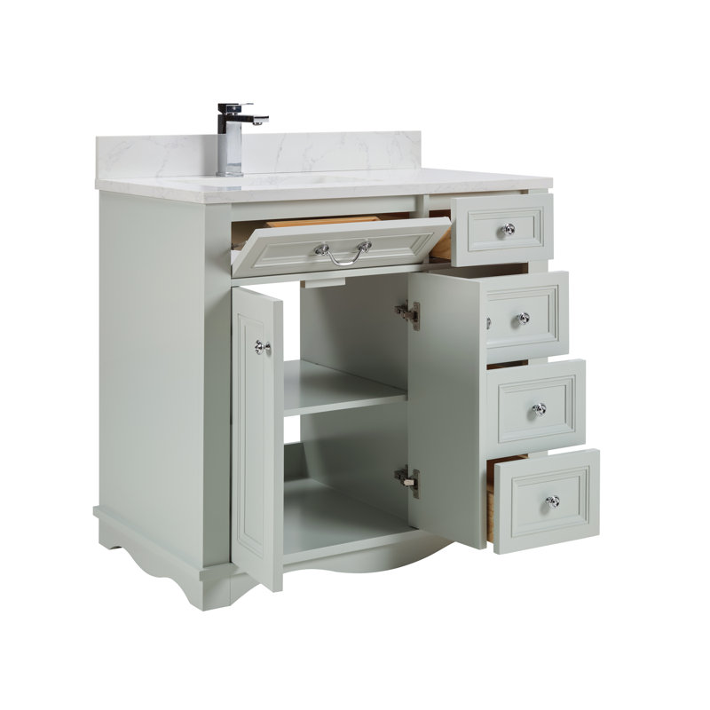 36" Solid Wood Single Bathroom Vanity with 1" Engineered Marble Top, Silver Strand