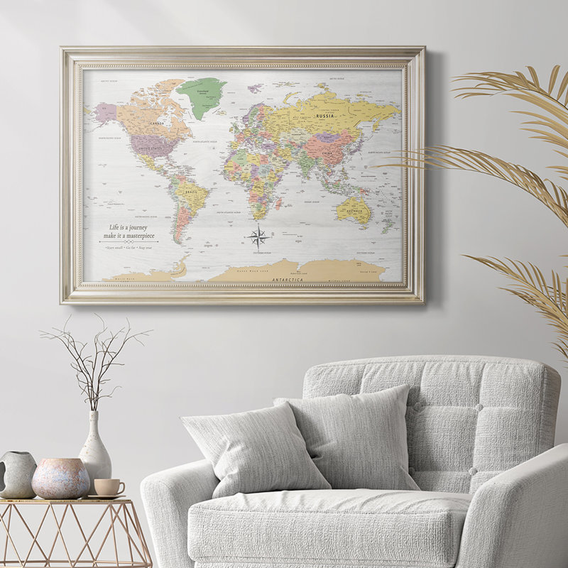 Carte du monde à punaises - Carte du monde pastel encadrée sur toile, 20 x 30 - Taille intérieure, Argent antique brossé
