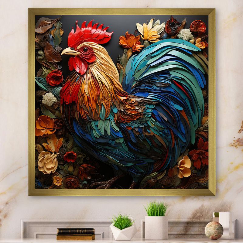 Art mural moderne coq moderne - poulailler, Cadre doré simple, H 30 po x l 30 po x P 1,5 po