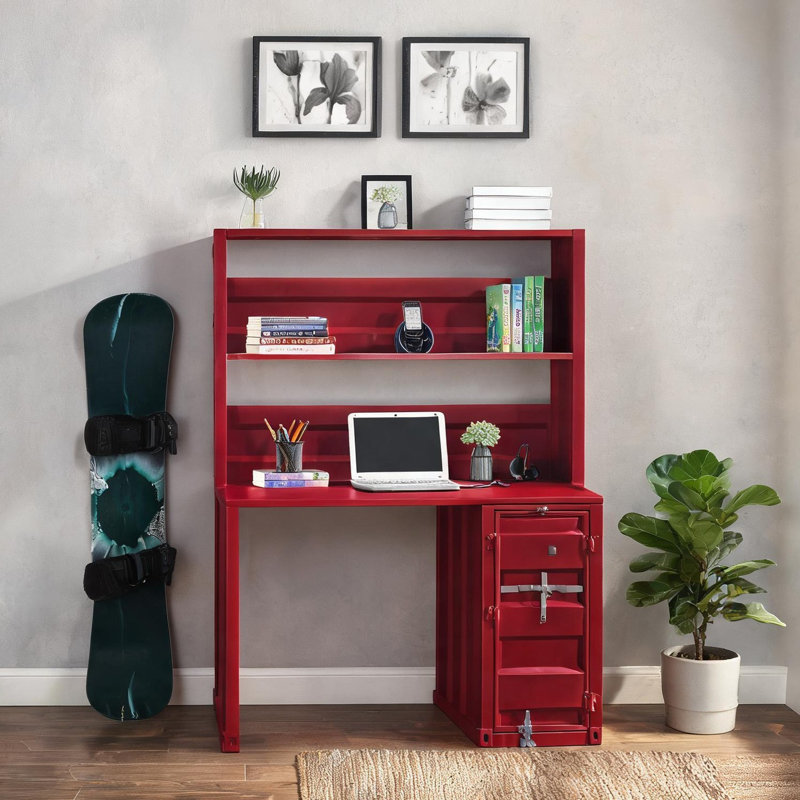 Bureau d'écriture avec huche pour bureau personnel, espace de travail compact en fer rouge foncé, L 47 x l 24 x H 60