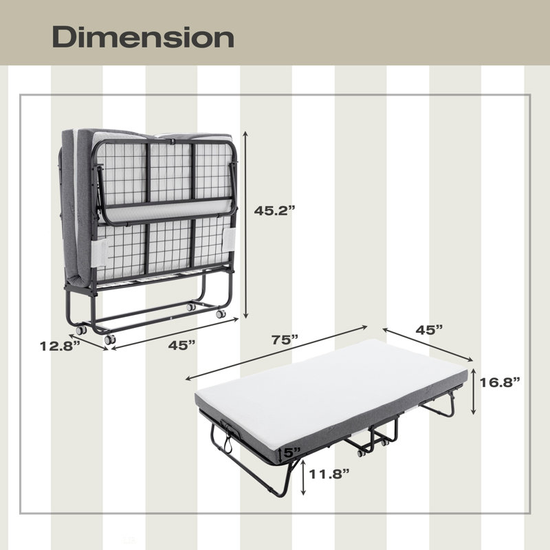 Folding Bed Cot With Mattress For Adults, 75 Inches Foldable Metal Frame Bed For Guest With Memory Foam Mattress On Wheels, Saving Space Rollaway Bed, Bed Frame