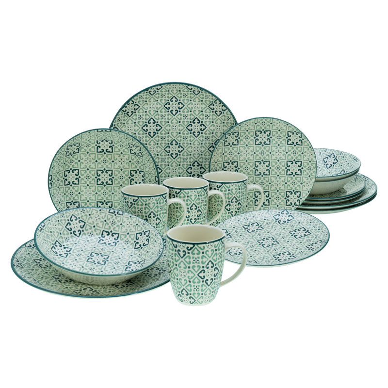 Yara Dinnerware Set 16 Piece - Service for 4, White/Green