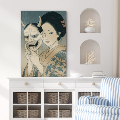 «Woman with Demon Mask in Beige Kimono Art», reproduction d'art sur toile encadrée
