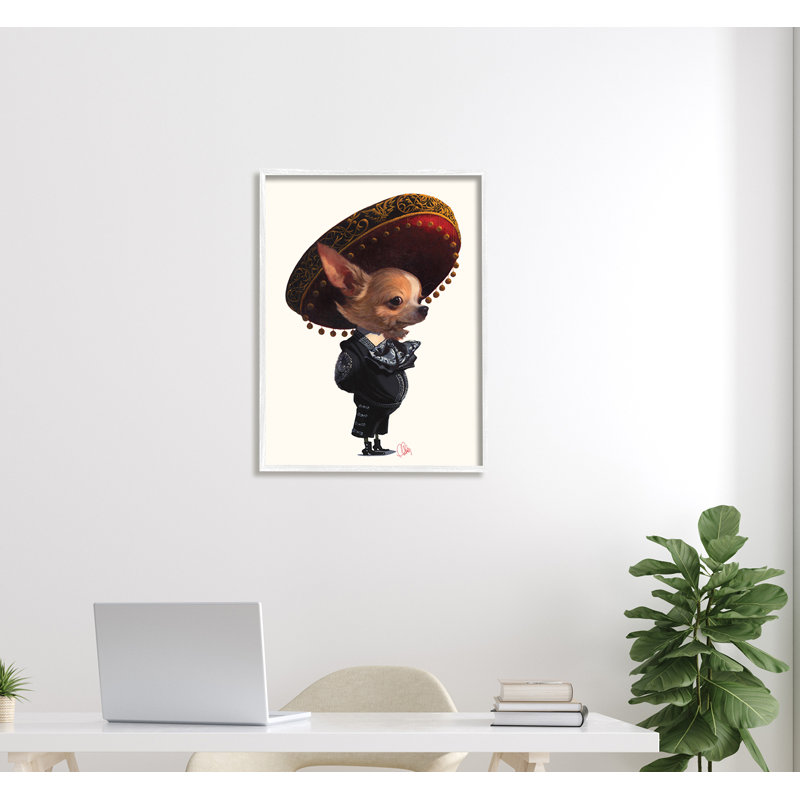 Mariachi Chihuahua avec Sombrero - impression, Giclée encadrée blanc bord de mer, H 30 po x l 24 po x 1,5 po