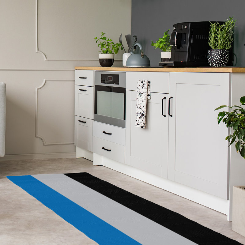 Tapis bleu/argent/noir rayé, Tapis de couloir 2 pi 6 po x 8 pi