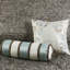 Couvre-lit très grand avec broderie sur coussins décoratifs, bleu / brun, 5 pièces en fausse soie