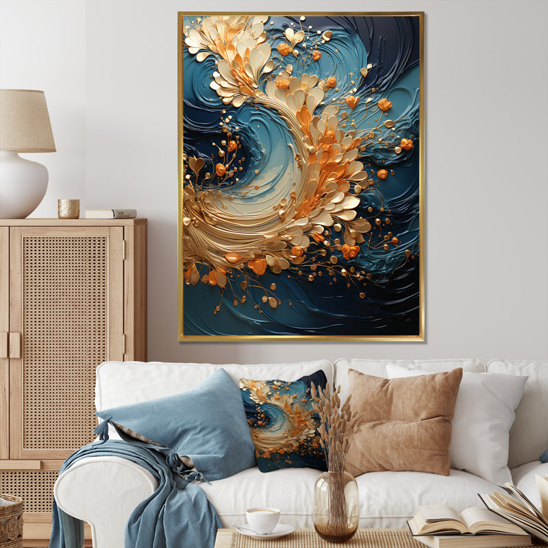 Abstrait, art mural sur toile Golden Sapphire, Cadre flottant doré, H 20 po x l 12 po x P 1 po