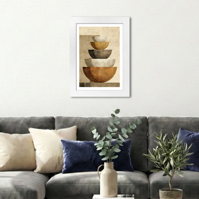 Minimal Scandinavian Stacked Ceramic Bowl Abstract Wall Art - Home Decor Giclee Art Print on Fine Paper, Neutral Beige and Rust Palette 1 Piece Wall Art