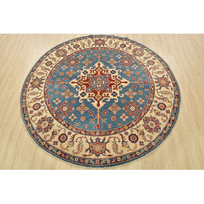 Kazak Rug 6’7” x 6’6” Blue Wool Tribal Hand-Knotted Oriental Carpet