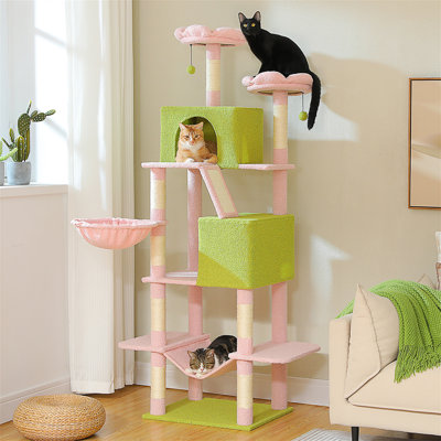 Arbre à chat inférieur haut 70,8 po pour chats d'intérieur adultes, grande tour à chat à 8 niveaux avec 8 poteaux en sisal, 2 hamacs, 2 condos, grand perchoir et 3 pompons pour un foyer multi-chats