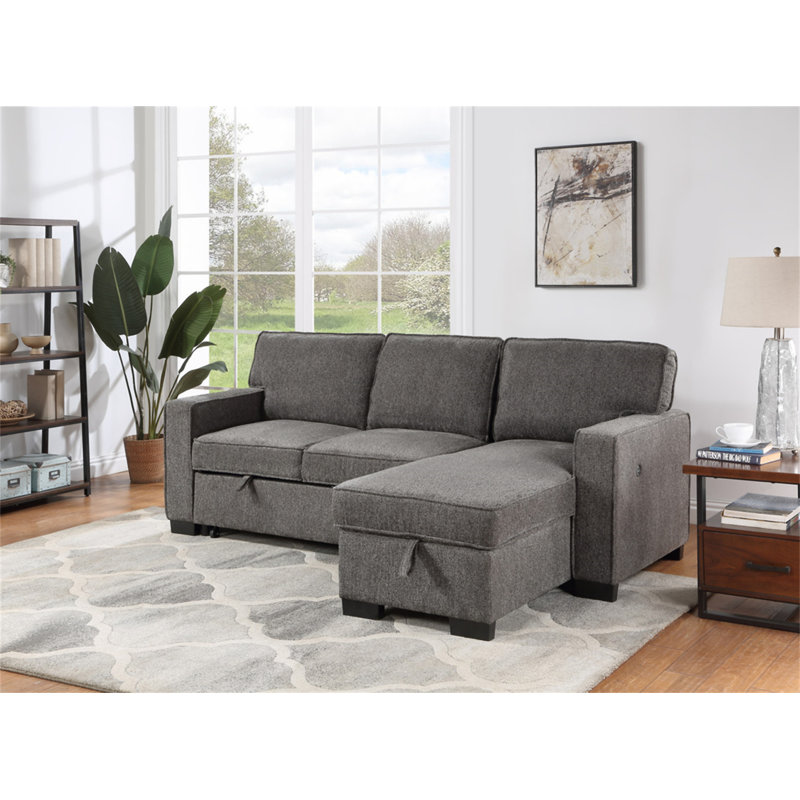 Estelle 86.5" Dark Gray Fabric Reversible Sleeper Sectional With Storage Chaise Drop-Down Table 2 Cup Holders And 2 USB Ports