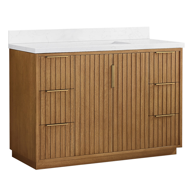 Meuble-lavabo simple en bois de manguier brun clair avec plateau en pierre composite à grain blanc, 60"