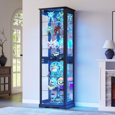 70''H Display Cabinet With Rgb Sensor Lights, 7-Tier Glass Curio Cabinet