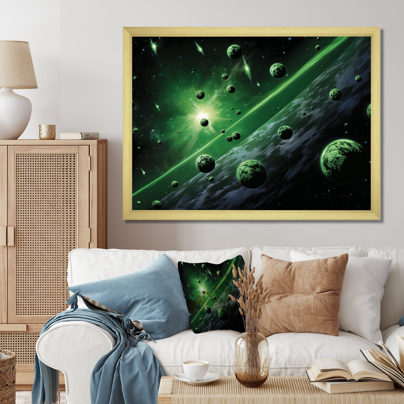 Green And White Cosmos Explosion II - Space Planet Wall Art, Gold Closed Corner Framed, 30" H x 40" W x 1.5" D