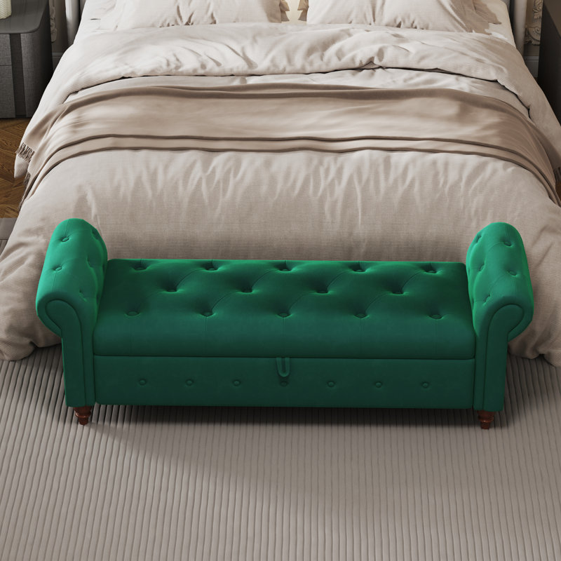 Conring 63" Tufted Storage Bench, Upholstered Storage Ottoman Bench, Rolled Arm Window Bench, Dark Green