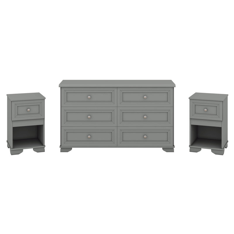 Ensemble de chambre à coucher 3 pièces, commode 6 tiroirs et deux tables de chevet avec poignées en métal, design élégant et style rétro