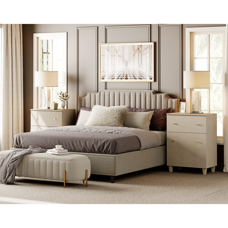 Large Nighstands Bedside Tables With Drawers And Doors, Beige, Set of 2