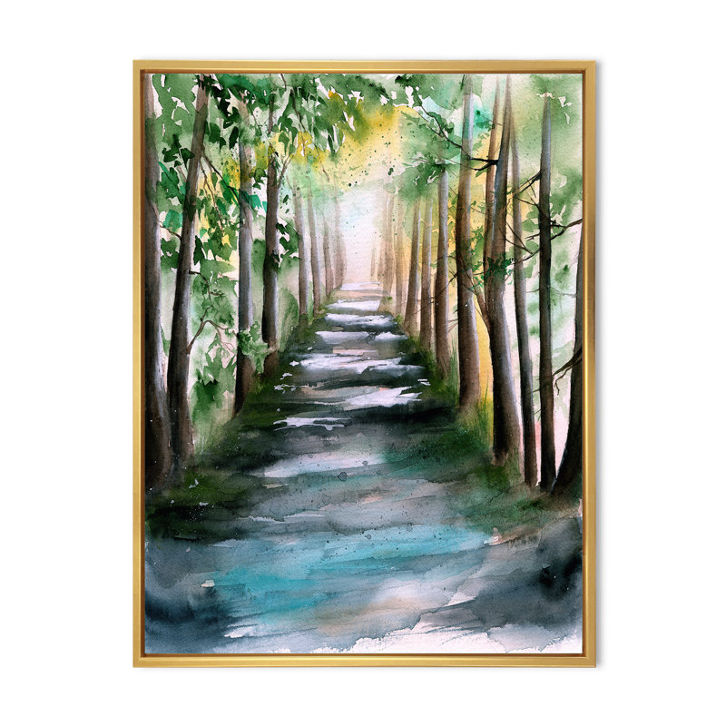 Une allée de forêt ensoleillée avec des ombres d'arbre - peinture sur toile, H 20 po x l 12 po, Toile à cadre flottant doré