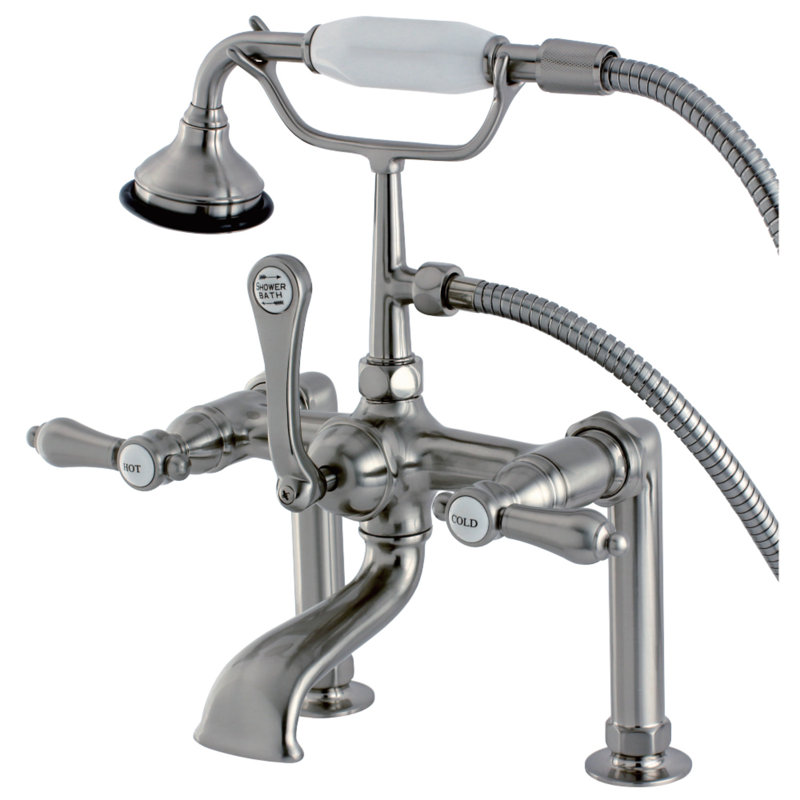 Kingston Brass Heirloom Three-Handle 2-Hole Deck Mount Clawfoot Tub Faucet with Hand Shower, Brushed Nickel