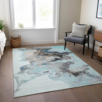 Machine Washable Indoor/Outdoor Cinead ACN1688 Teal Rug