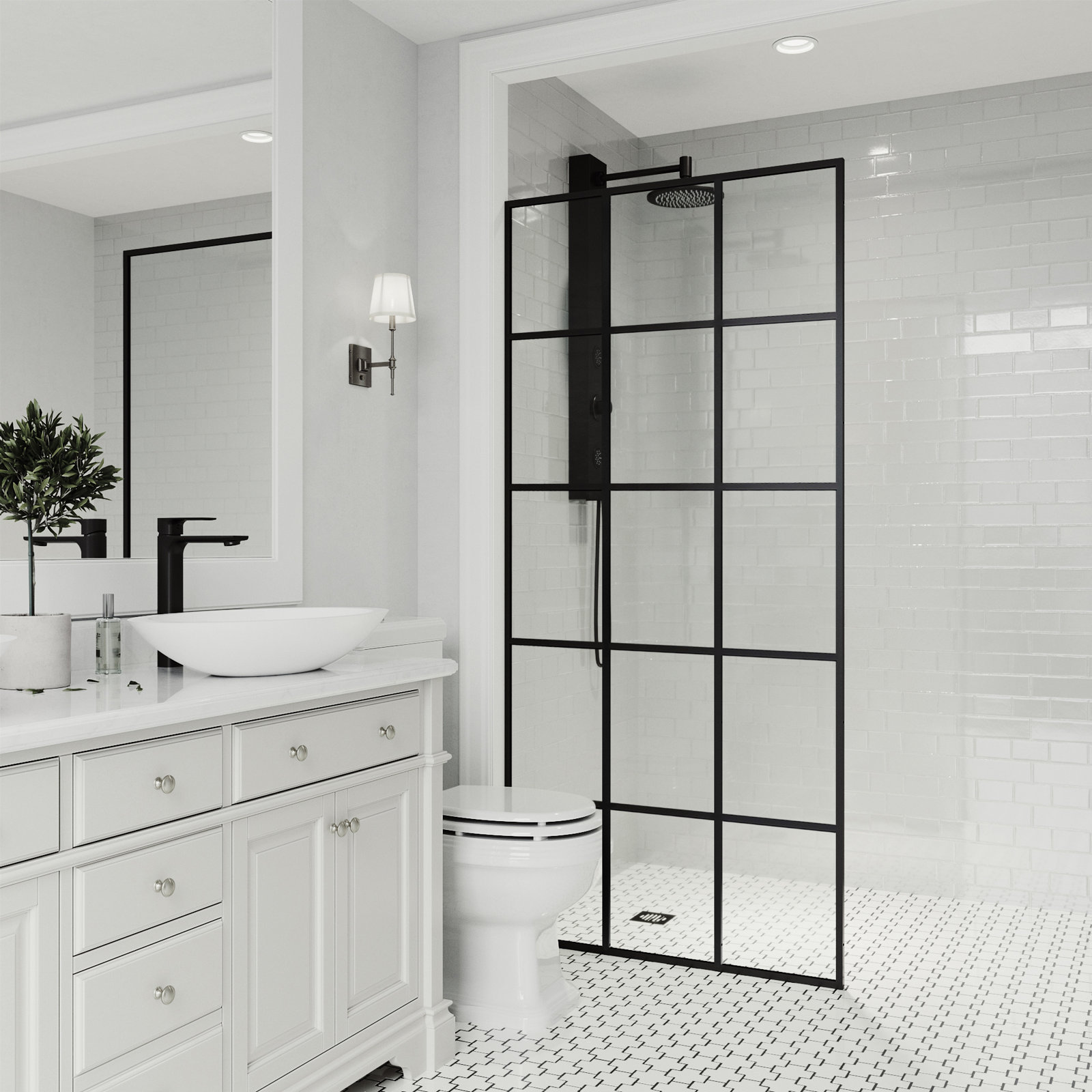 Mosaic Framed Fixed Shower Screen, Matte Black Clear