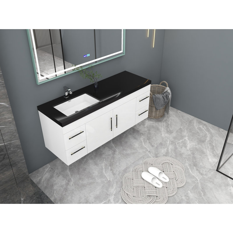 Ensemble de meuble-lavabo mural 60 po, Blanc très luisant, Noir mat