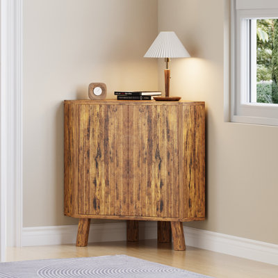 Farmhouse Corner Storage Cabinet with Adjustable Shelf, 3-Tier Industrial Wooden Corner Table with Doors, Triangle End Table