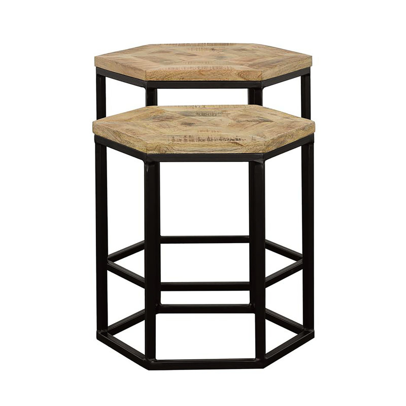 2 tables gigognes géométriques avec dessus en bois de manguier naturel et noir, cadres en fer pour le salon principal, pièce hexagonale élégante en métal