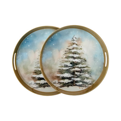 Round Nested Tray Snow Covered Tree Set of 2