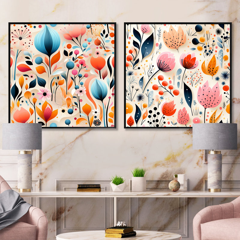 Flore - Ensemble de 2 collages carrés abstraits, Cadre flottant noir, H 36 po x l 73 po