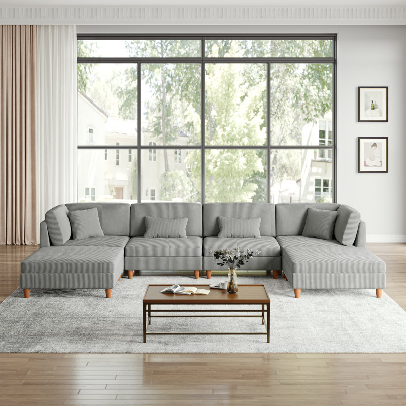 Canapé modulaire en velours côtelé gris clair avec dossier coussiné et repose-pieds amovible Seemab, Gris clair