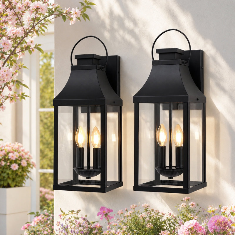 2-Light 20"h Black Outdoor Wall Light,2-Pack Wall Lantern Sconce With Clear Glass