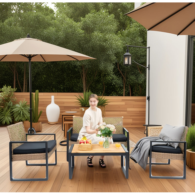 4-piece Patio Furniture Set Outdoor Balcony Porch Garden Backyard Lawn Furniture Acacia Wood Table Top, Brown, Beige