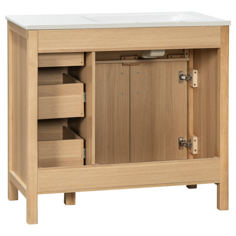 Meuble-lavabo de 91 cm (36 po) avec lavabo en céramique décalé à gauche, 3 tiroirs et armoire à deux portes