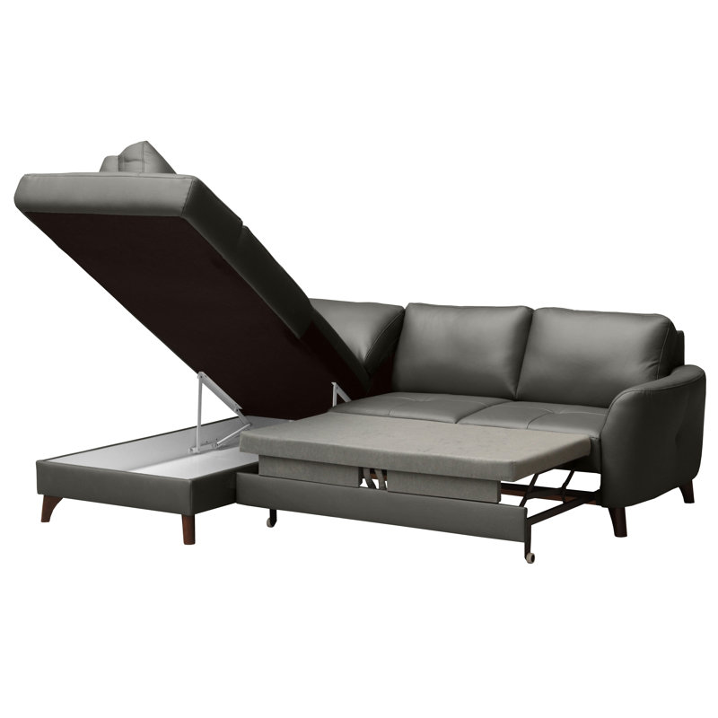 Migues Genuine Leather Corner Sofa with Sleeping Function and Storage, Left Hand Facing, Grey
