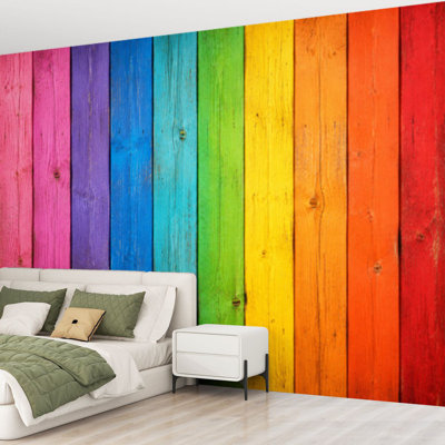 Wall Mural Peel and Stick Wallpaper Colorful wooden Rainbow color Self-Adhesive Removable Contact Paper Wall Decor for Living Room Bedroom 69"H x 96"W
