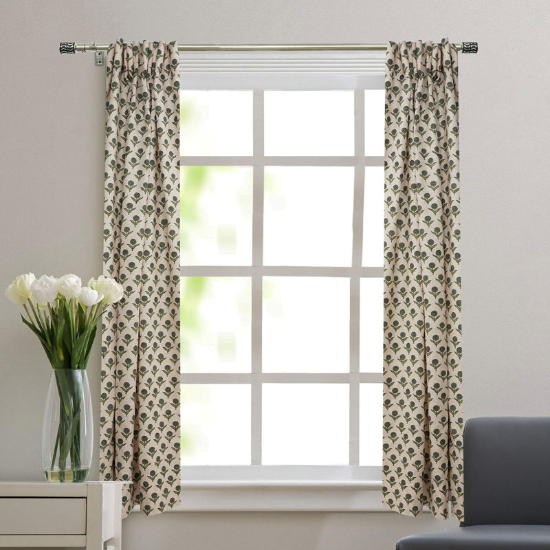 Rideau en lin vert à motif floral imprimé à la main à motif de blocs d'anneaux décoratifs Gendapushp, L 54 po x L 57 po