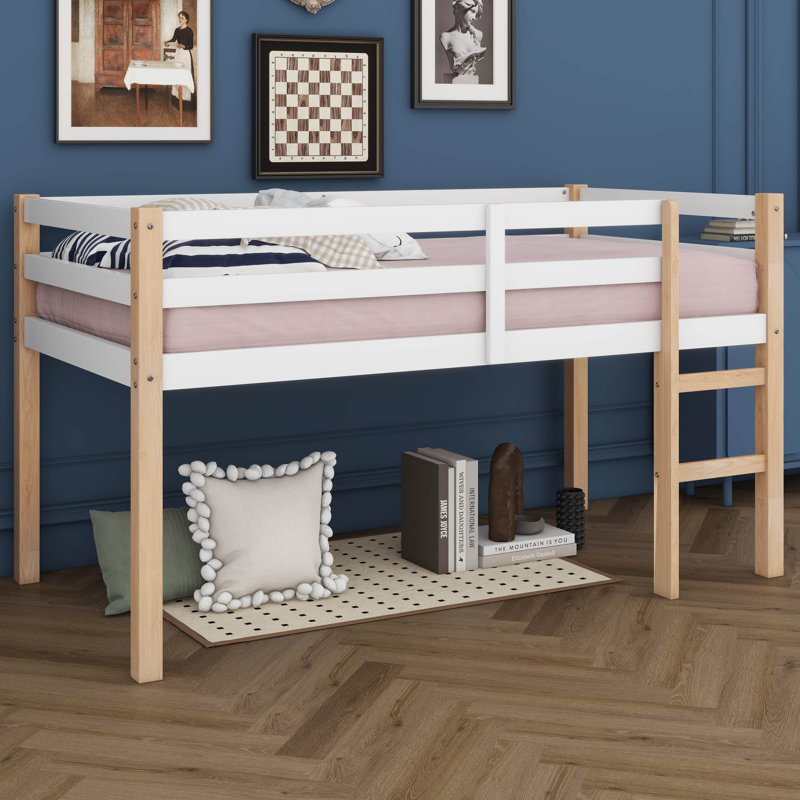 Lit mezzanine simple pour enfants, structure de lit mezzanine en bois massif avec échelle et garde-corps pour petite chambre et plafond bas