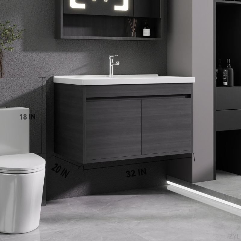 Meuble-lavabo 32 po avec lavabo en céramique et porte d'armoire à fermeture en douceur, fixation murale flottante, bonde escamotable, siphon inclus (sans robinet), K2 - incluant A +