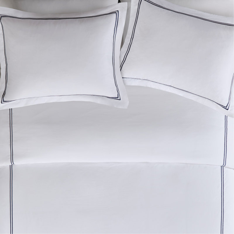 Ensemble d'édredon brodé en satin de coton 100% très grand / très grand californien, Blanc / Bleu marine