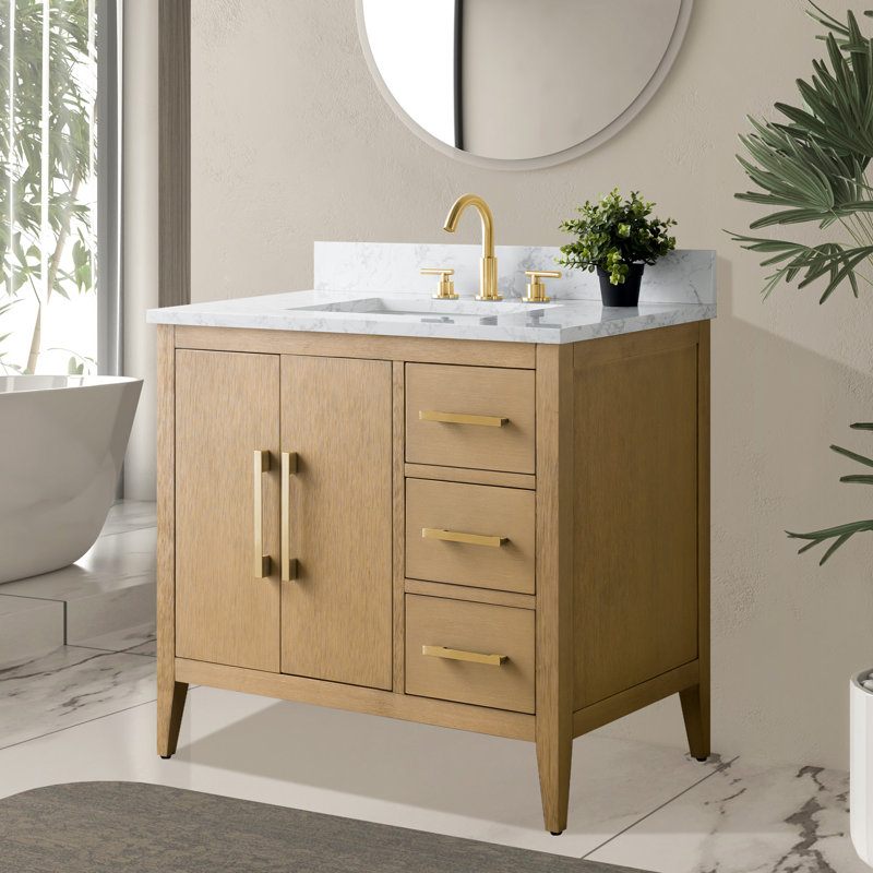 36" Single Bathroom Vanity Set, Natural Oak, Brushed Gold