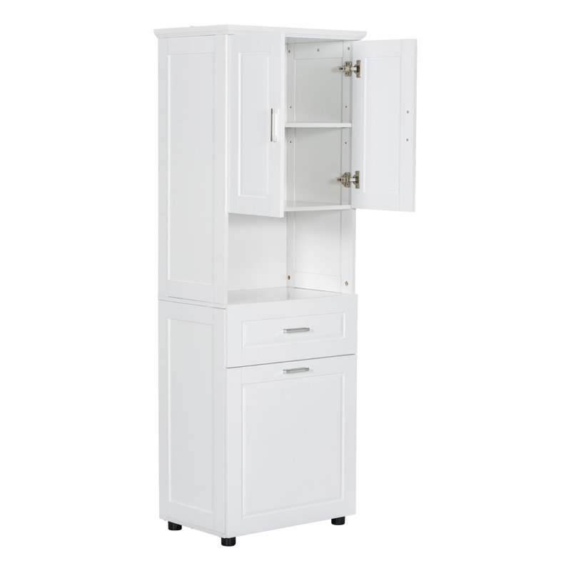70"H Freestanding Bathroom Cabinet With Tilt-Out Laundry Hamper And Multiple Storage System, White