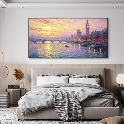 Très grand art mural imprimé sur toile - Paysage urbain coloré de rivière coucher de soleil avec pont et vue historique sur les toits du salon ou de la chambre à coucher