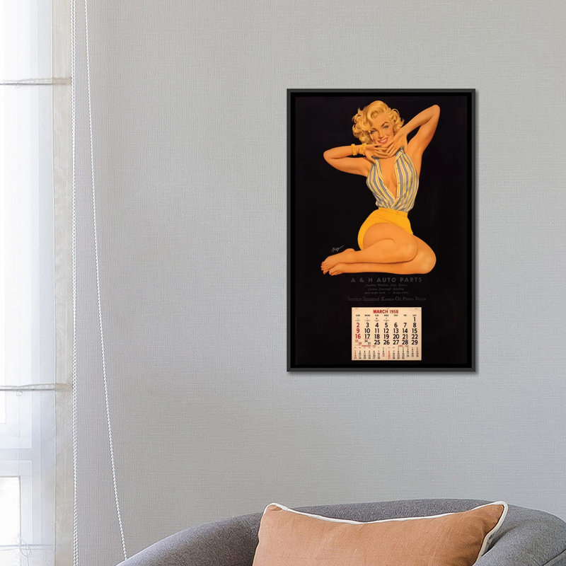 «Vintage Marilyn Monroe», page de calendrier (pièces d'auto, mars 1958) par Radio Days - impression sur toile tendue