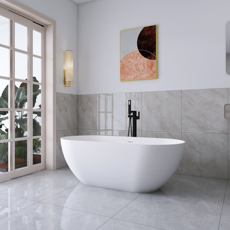 63'' Solid Surface Freestanding Soaking Bathtub In Matte White, Matte White