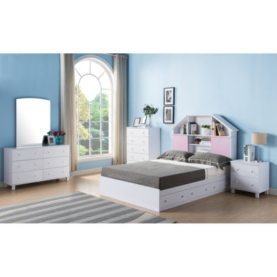 Full Size Bookcase Headboard Free Standing Tall Storage Two Sliding Pink Doors With Seven Cubby Shelves White