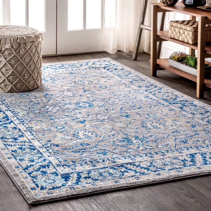 Lattin Modern Persian Boho Floral Gray/Navy Rug, Rectangle 4' x 6'